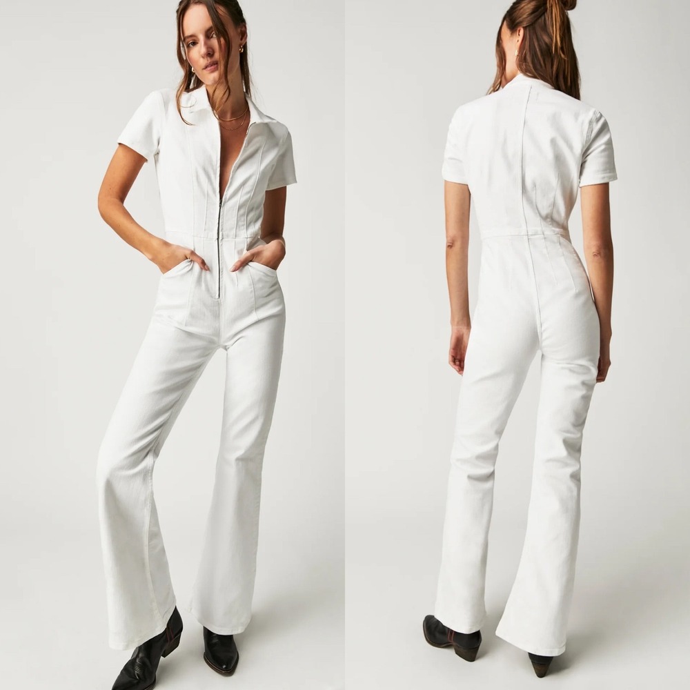Free People‎ Jayde Flare Jumpsuit White Womens Sz Medium Short Sleeve Denim Boho